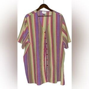 Erena Woman Vintage Vibrant Checkered Button Down Short Sleeve Tunic Top Size 3X